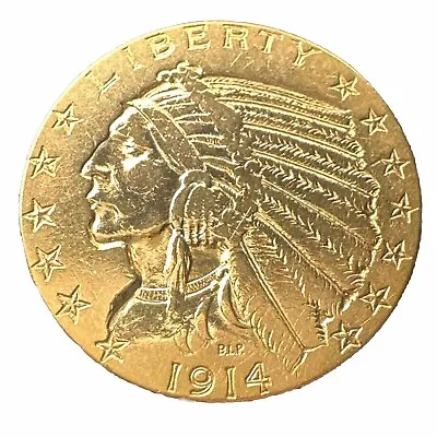 1914 Gold U.s. $5 Dollar Indian Head Half Eagle Coin | Survival Population =11k • $678.47