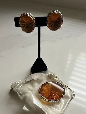 Vintage 60's Whiting & Davis Topaz Starburst Demi Brooch Earring Set Mint • $39.99