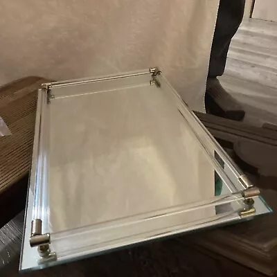 Vintage Mirror Vanity Tray With Glass Rod Rails W Brass Corners 10” X 16” Footed • $9.99