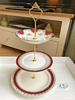 A3 Vintage China 3 Tier Cake Stand Mismatched Plates Weddings Tea Parties  • £8