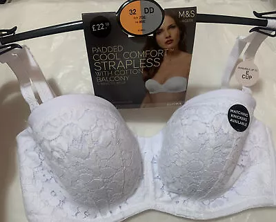 Ex M&S COTTON RICH UNDERWIRED STRAPLESS PADDED LACE BALCONY BRA WHITE Size 32DD • £9.99