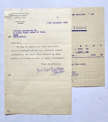 1966 India VAN INGEN MYSORE To Nawab Tonk For Unpaid Taxidermy Bill (11313) • $99.99