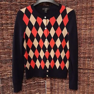 J. Crew Women's Small Black Jackie 100% Merino Wool Argyle Cardigan Sweater • $37.99