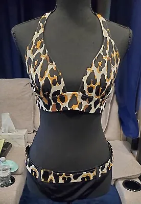 Victoria's Secret Leopard Print Wireless Bikini Size M Halter Top Large Bottoms • $20.69