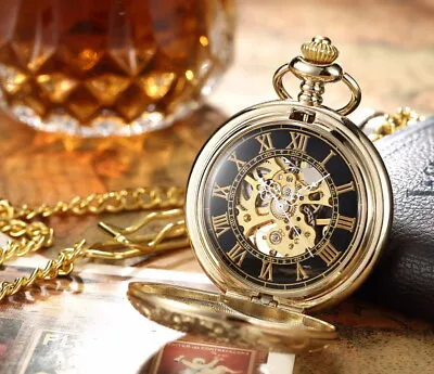Classic Round Dial Mechanical Chain Wind Up Pocket Watch Retro  Wedding Gift • £19.99