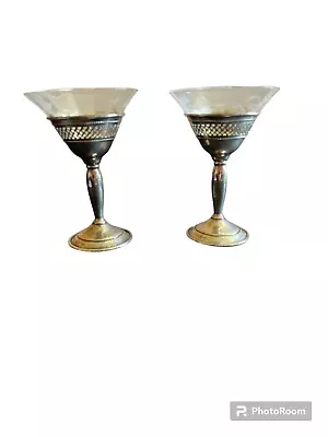 Set Of 2 Sterling Silver Martini Or Cordial And Coupe Etched Glasses Art Deco • $44.99