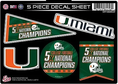 Miami Hurricanes 5X Time Champions 5 Piece Multi Decal Sticker Sheet Flat... • $9.79