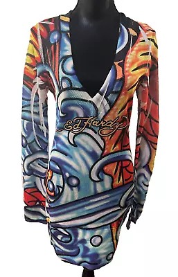 ED HARDY Y2K Women's Koi Fish Bodycon Sweater Dress Size LARGE • $79.99