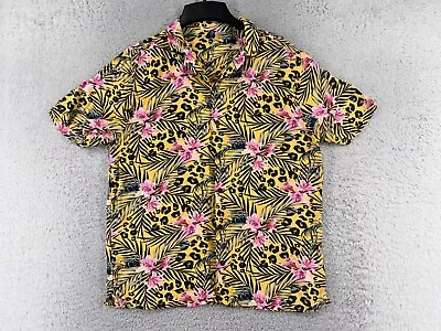 Divided Shirt Men Medium Yellow Leopard Print Floral Hawaiian 100% Viscose • $13.19