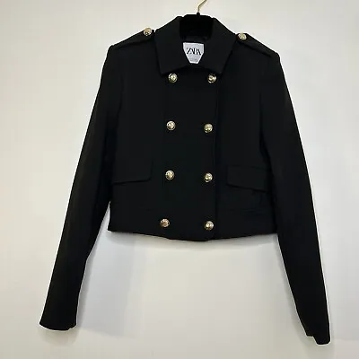 Zara Military Classic Black Short Jacket Coat Size XS 6 8 Gold Button D Breasted • $44.20