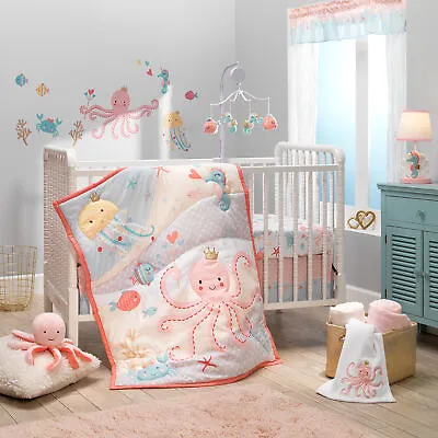 Bedtime Originals Ocean Mist 3-Piece Pink/Gray/Yellow Baby Crib Bedding Set • $67.99