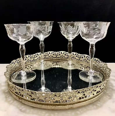 Vintage Cocktail Glasses 1950s Crystal Etched Nick & Nora Martini Coupes Set 4 • $42