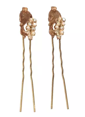 Vintage Hair Pins Chignon With AB Rhinestones Faux Pearls Set Of 2 • $9.99