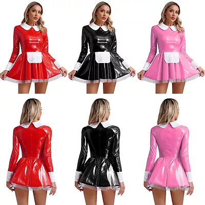 UK Women's Leather France Maid Cosplay Costume Zipper Collar Long Sleeve Dresses • £8.18