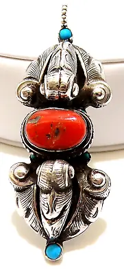 OLD PAWN STERLING SILVER NAVAJO Coral & Turquoise Drop 2 3/4  Long PENDANT 16.4G • $139.99