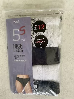 4 New M&S High Leg Briefs Size 10 Cotton Lycra Black & White Lace Trim • £3.99