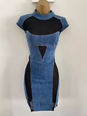 NEW Karen Millen S Size 8 10 STRETCH DENIM AND MESH PANELLED MINI DRESS IN BLUE  • £0.99