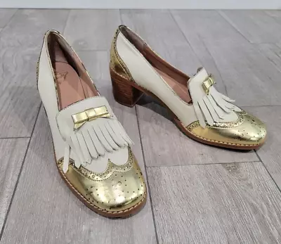 MISS ALBRIGHT Off White Leather Gold Cap Toe Kiltie Block Heel Loafers 7M • $15