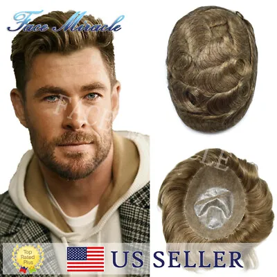 Full Poly Men Toupee Human Hair Replacement System 0.1MM Thin Skin PU Hairpiece • $99.99