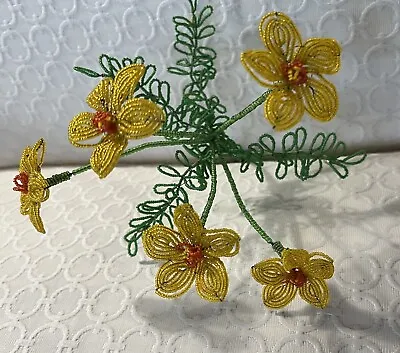 VINTAGE GLASS BEADED FLORAL BOUQUET - 5 Flowers 4 Green Leaf Stems On Wire • $35