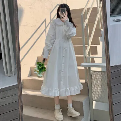 Lolita Mori Girl Shirt Dress Ruffle Puff Sleeve Japanese Midi Sweet A-line Dress • $32.54