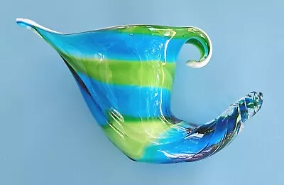 Murano Art Glass Style Horn Of Plenty Cornucopia Vase Blue Green 5x9 Mothers Day • $49.99