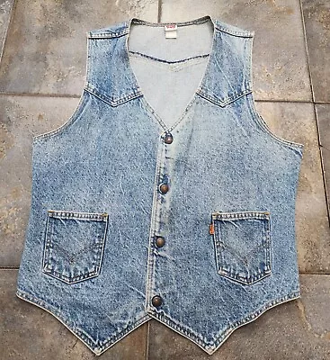 Vintage 70s 80s Levi's Orange Tab Men's Large Distressed Denim Snap Jean Vest • $40