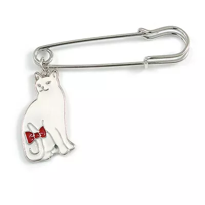 Medium Safety Pin With White Enamel Cat Charm Brooch In Silver Tone - 60mm • £11.90