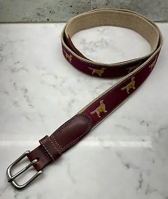 Epic Mens Golden Retriever Dog Burgundy Ribbon Belt- Brown Leather - Size 44 • $18