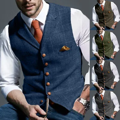 Men Herringbone Tweed Lapel Waistcoat V-Neck Sleeveless Vest Vintage Suit Slim . • $21.31