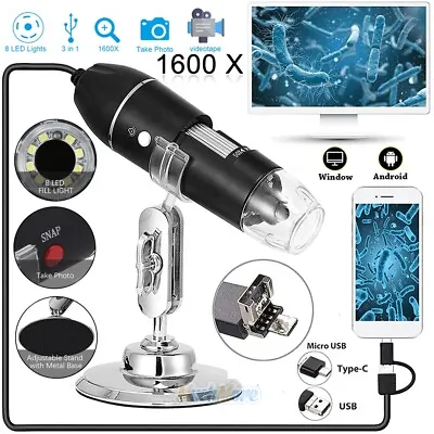 8LED 1600X 10MP USB Digital Microscope Endoscope Magnifier Camera W/ Stand Black • $32.87