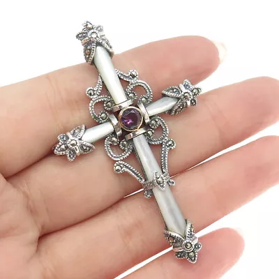 925 Sterling Silver Vintage Real Amethyst MOP & Marcasite Cross Pendant / Brooch • $84.99