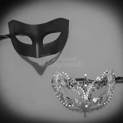 Couple Masquerade Mask Metal Silver RHINESTONES Beyondmasquerade • $12.74