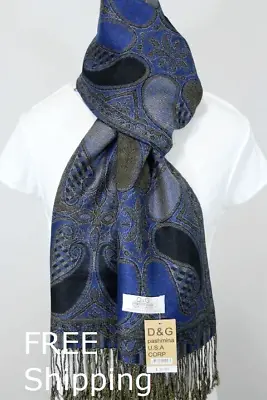 DG Pashmina Scarf Shawl Paisley Black Royal Blue Silk Cashmere*Soft 029 • $12.99