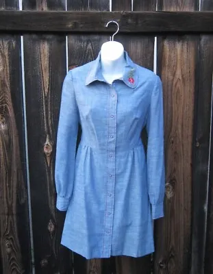 1970s Denim Tie-Back Shirtdress By Young Edwardian; Rose-Appliqued Round Collar • £29