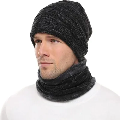 Unisex Winter Beanie Hat And Scarf Set Warmer Fleece Knitted Thick Knit Cap Warm • £4.99