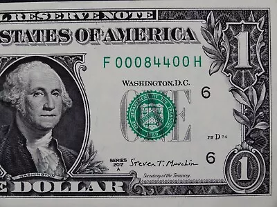 FIVE OF A KIND 0s Fancy Serial Number One Dollar Bill F00084400H TRINARY • $19.99