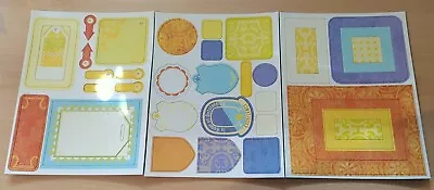 3 A5 Chipboard Die Cut Sheets - Frames Tags And Labels - Orange Blue & Yellow • £4.50