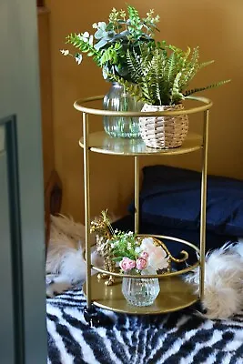 £79.99 • Buy Small Gold Round Drinks Trolley 65cm Tall Art Deco Bar Cart