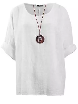 Womens Italian Lagenlook Round Neck Loose Fitting Plain Ladies Tunic Top • £10.99