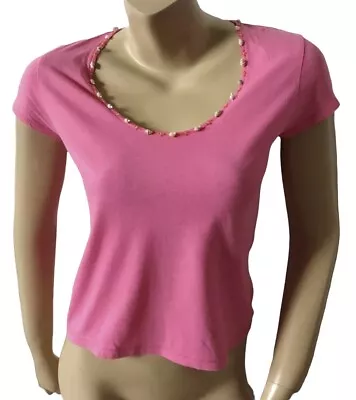 SIGRID OLSEN Womens Petite Size P Short Sleeve Pink Cropped Top Shirt Seashells • $15.19