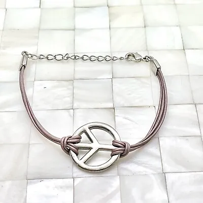 Peace Sign Corded Bracelet Brown & Silver Tone The Vintage Strand Lot #6215 • $8.49