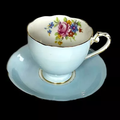 Tea Cup And Saucer Vintage Royal Grafton Bone China England Blue Floral Gold • $24