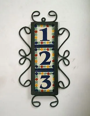3 Mexican Tiles Talavera House Numbers & Vertical Iron Frame  • $35