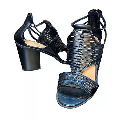 Merona Women Shoes Kerina Cognac Braided Heel Sandals Open Toe Black Size 9 • $14.99