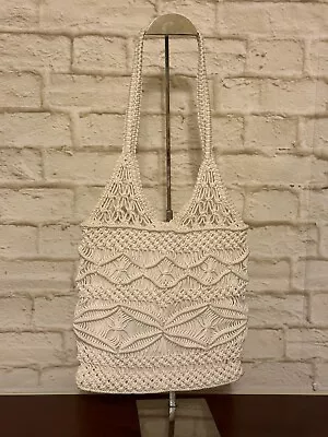 Womens Woven Macrame Crochet Handbag Ivory Beige • $26