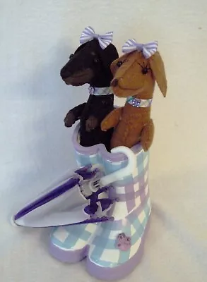 Dachshund Pair Felt Sculpture Rainboots & Umbrella April Showers Spring Decor • $42