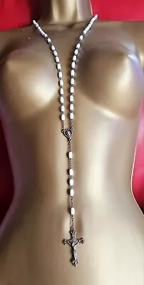 Vintage White Moulded Plastic Rosary Beads Silver Metal Chain Cross & Holy... • £28