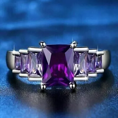 3Ct Emerald Cut Created Purple Amethyst Engagement Ring In 14K White Gold Plated • $179.99