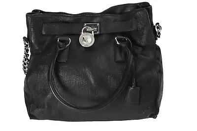 MICHAEL KORS Hamilton Black Pebbled Leather Padlock Chain Tote Shoulder Bag • $65